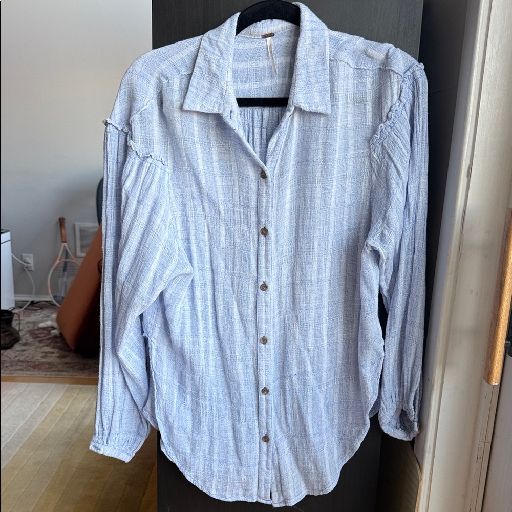 Free People Striped Light Blue Button Down Shirt